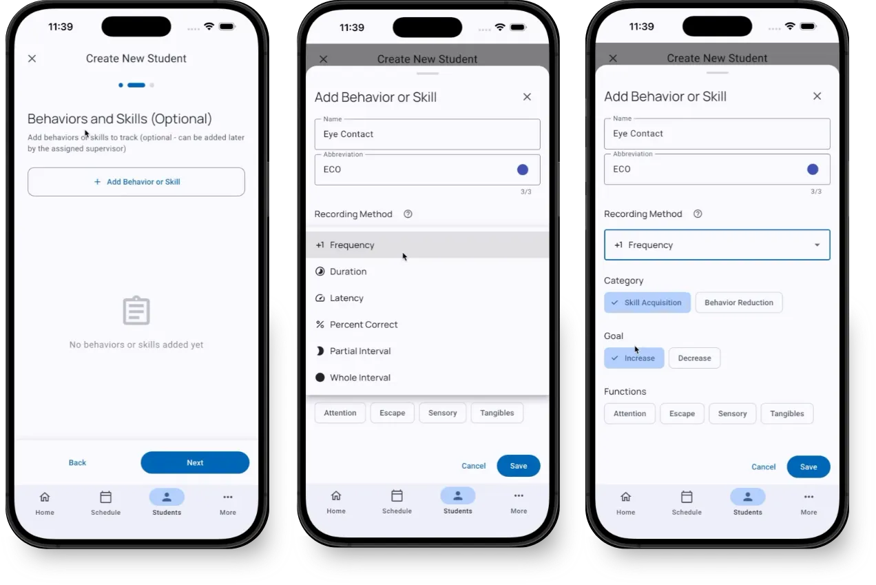 Behavior setup form showing name, abbreviation, recording method, category, and function fields