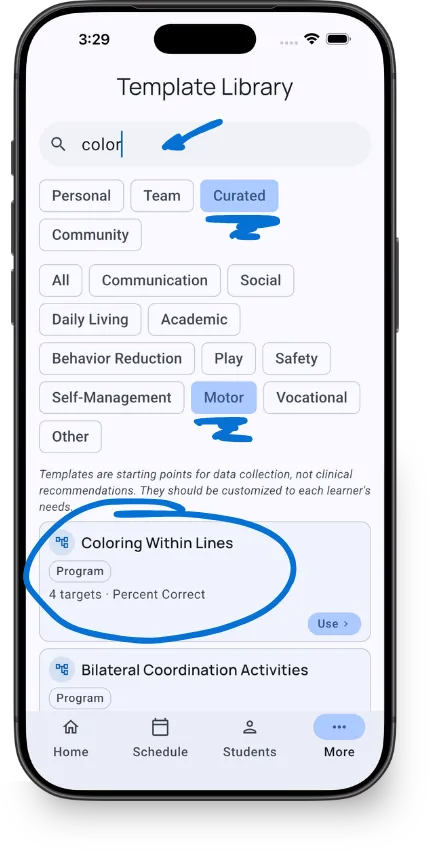 Template Library showing search, domain filters, and template cards