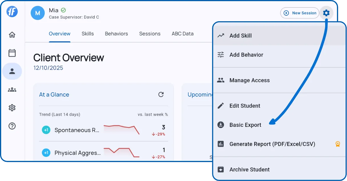 Gear menu showing Basic Export option