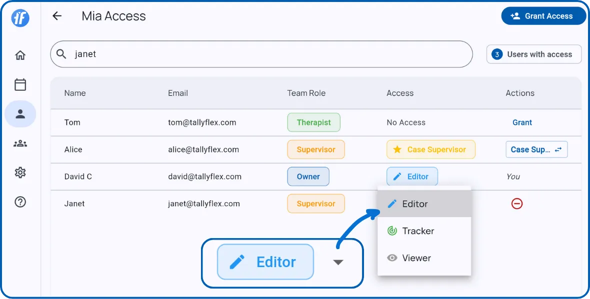 Access level dropdown with options