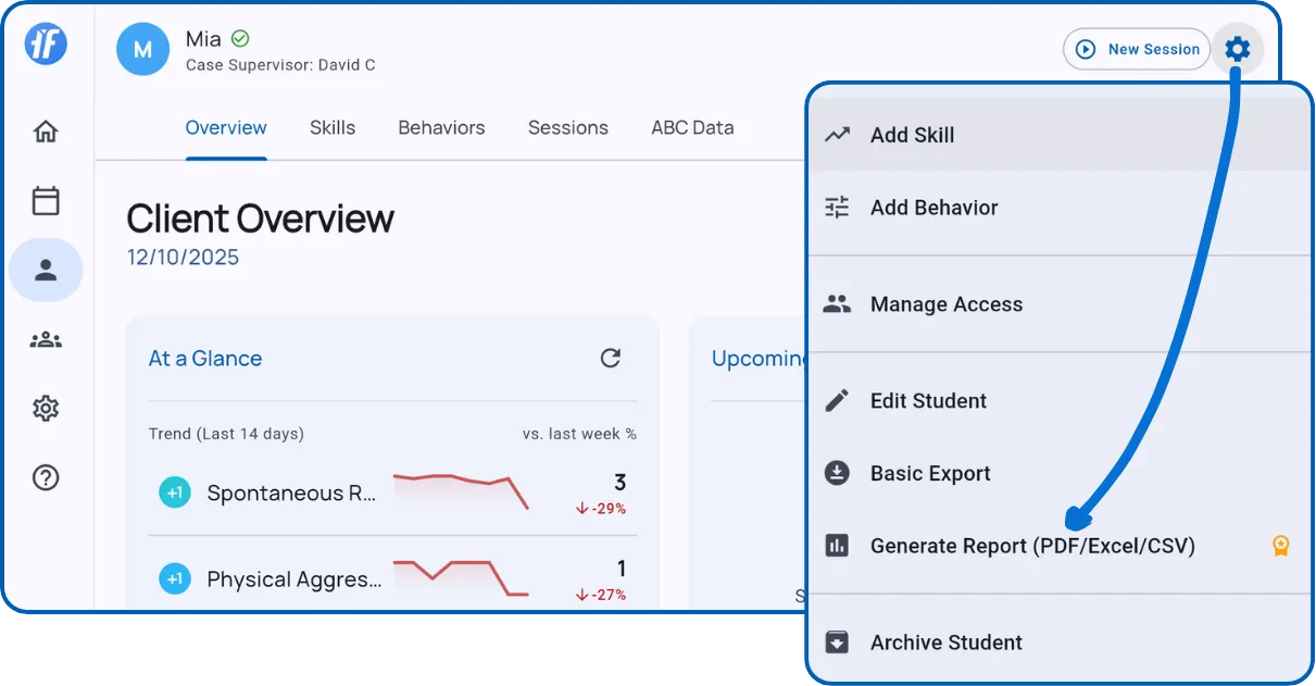 Gear menu showing Generate Report option