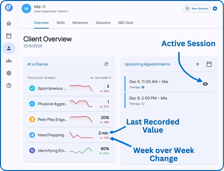 Client overview showing at a glance card on left with sparklines and upcoming appointments card on right