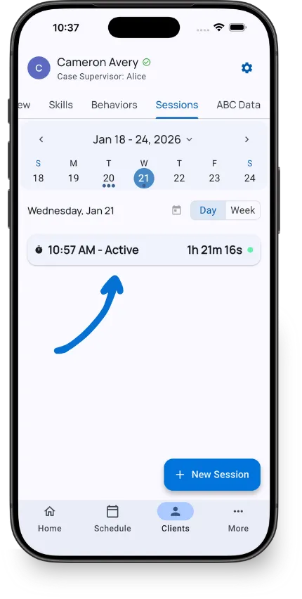 Client profile showing active session indicator