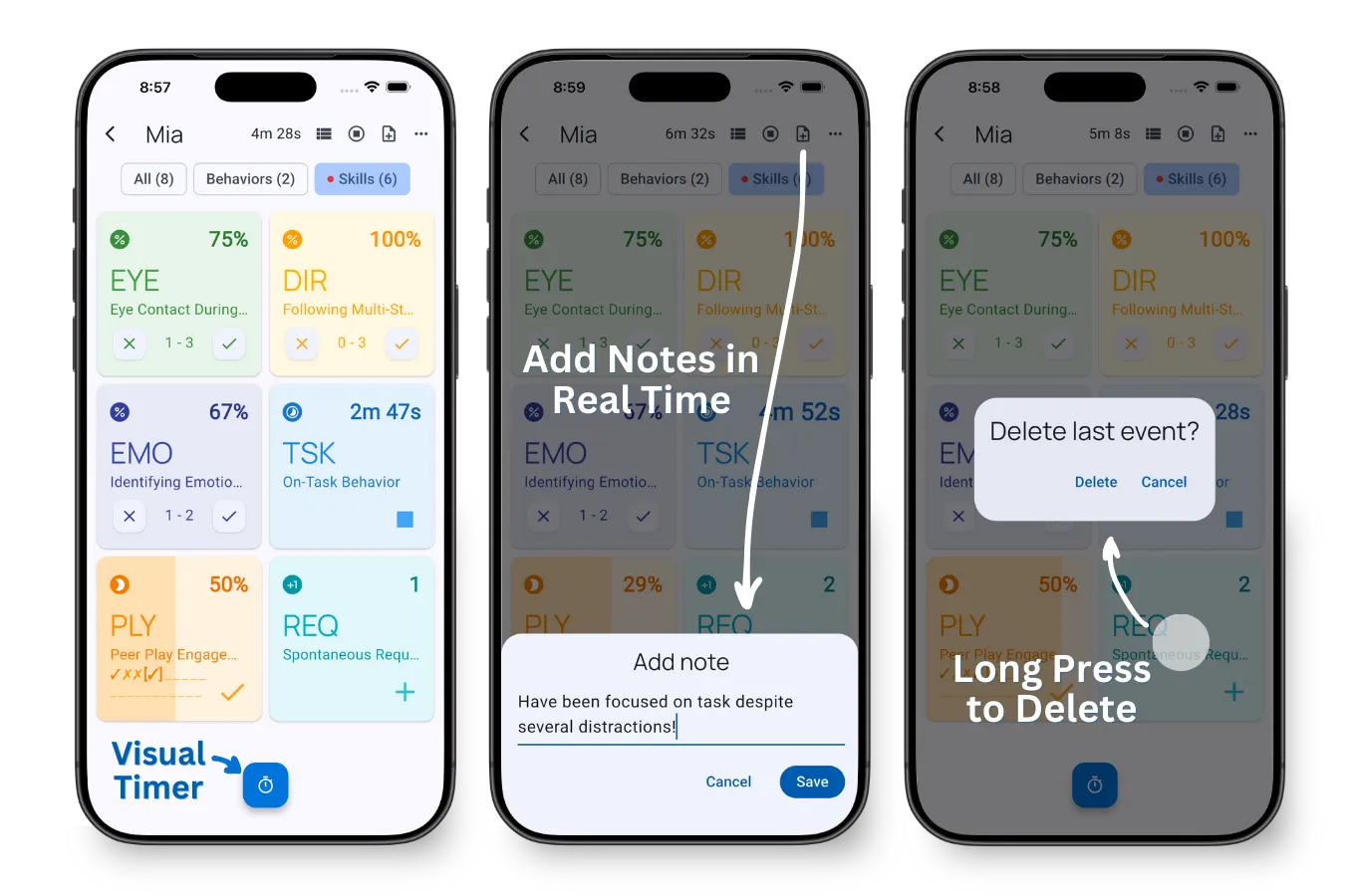 Active session showing behavior tiles with counts, timers, and session controls
