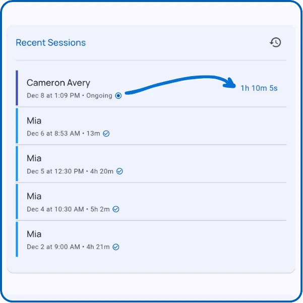 Recent Sessions section showing completed and active sessions with durations