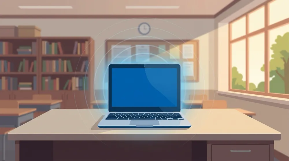 A Chromebook on a teacher's desk in a classroom with a subtle blue glow indicating automatic sync and offline reliability