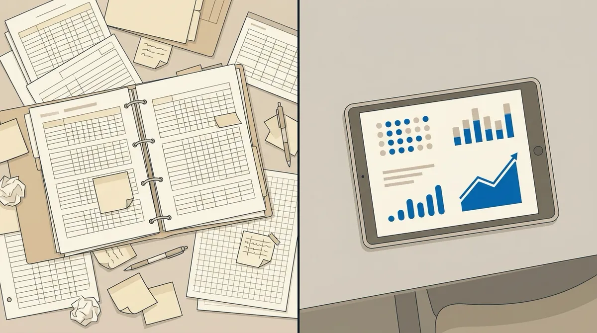 Split-frame illustration contrasting a cluttered desk of paper tally sheets with a clean tablet showing organized digital data