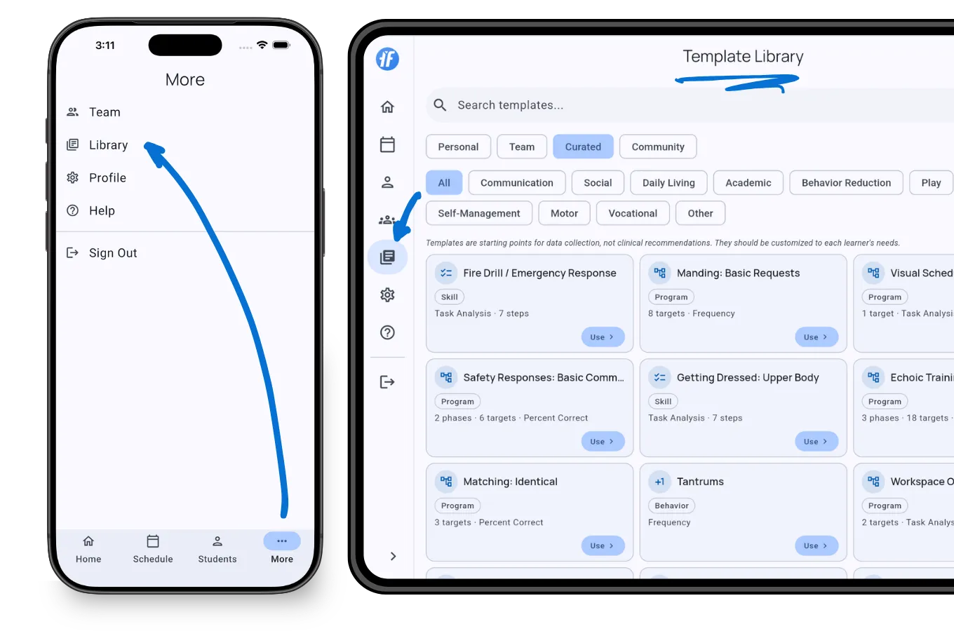 Template Library showing Template Library with search, domain filters, and template cards