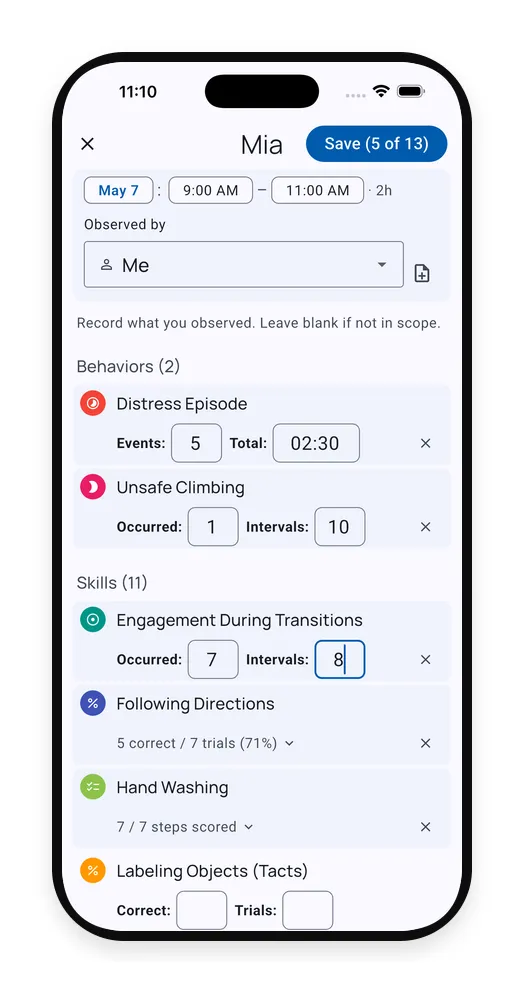 Record observation screen with date, time, and per-tracker rows