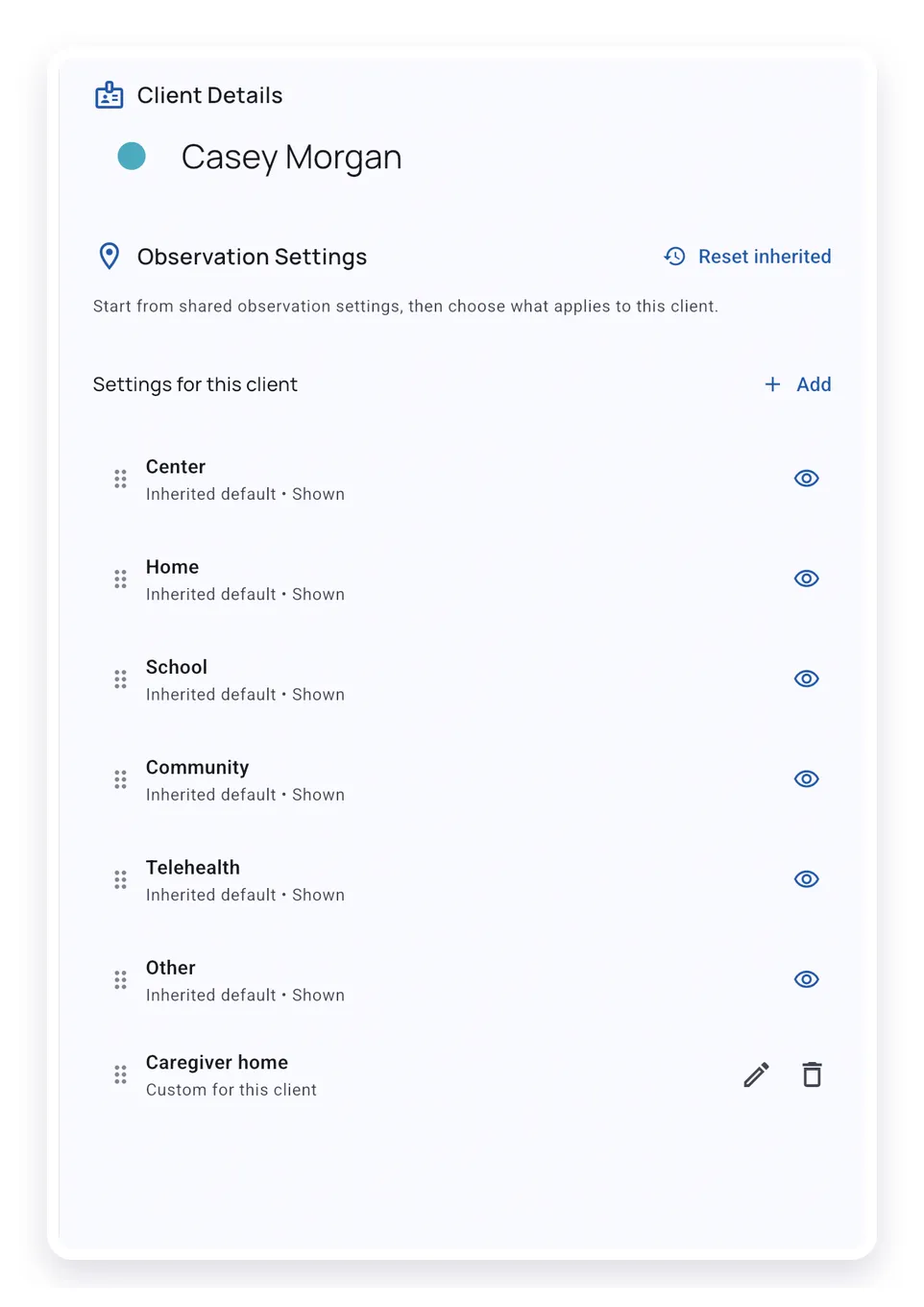 Client observation settings showing inherited defaults and a custom client setting