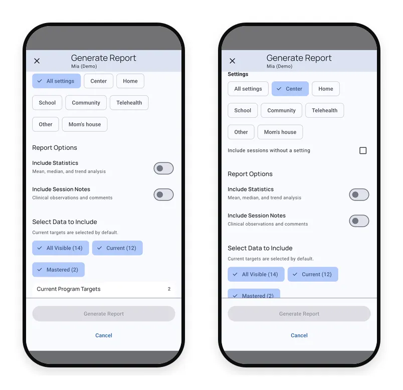Generate Report setting filters for all settings and one selected setting