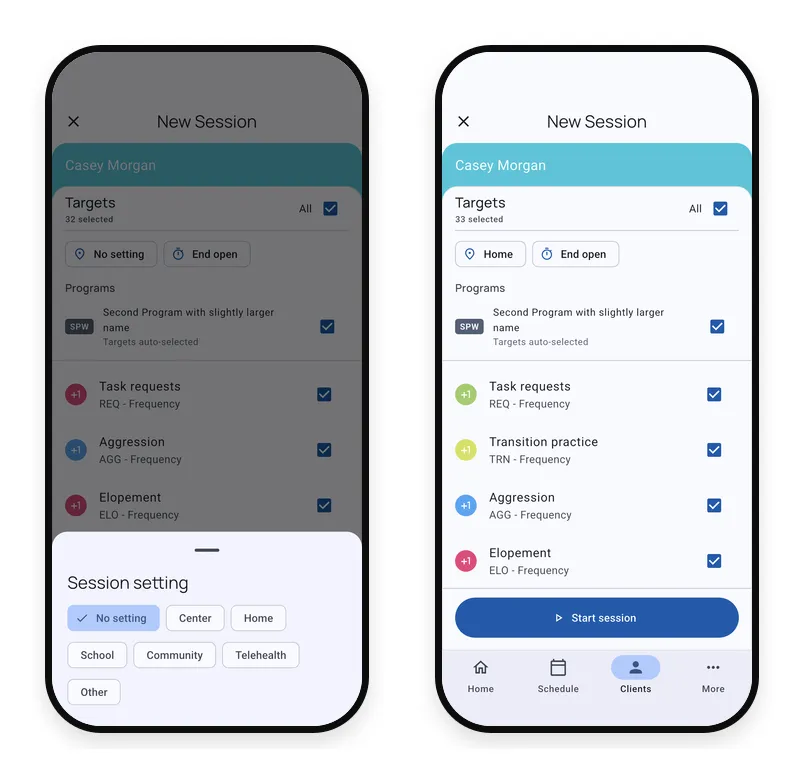 New session setting picker and filtered target list