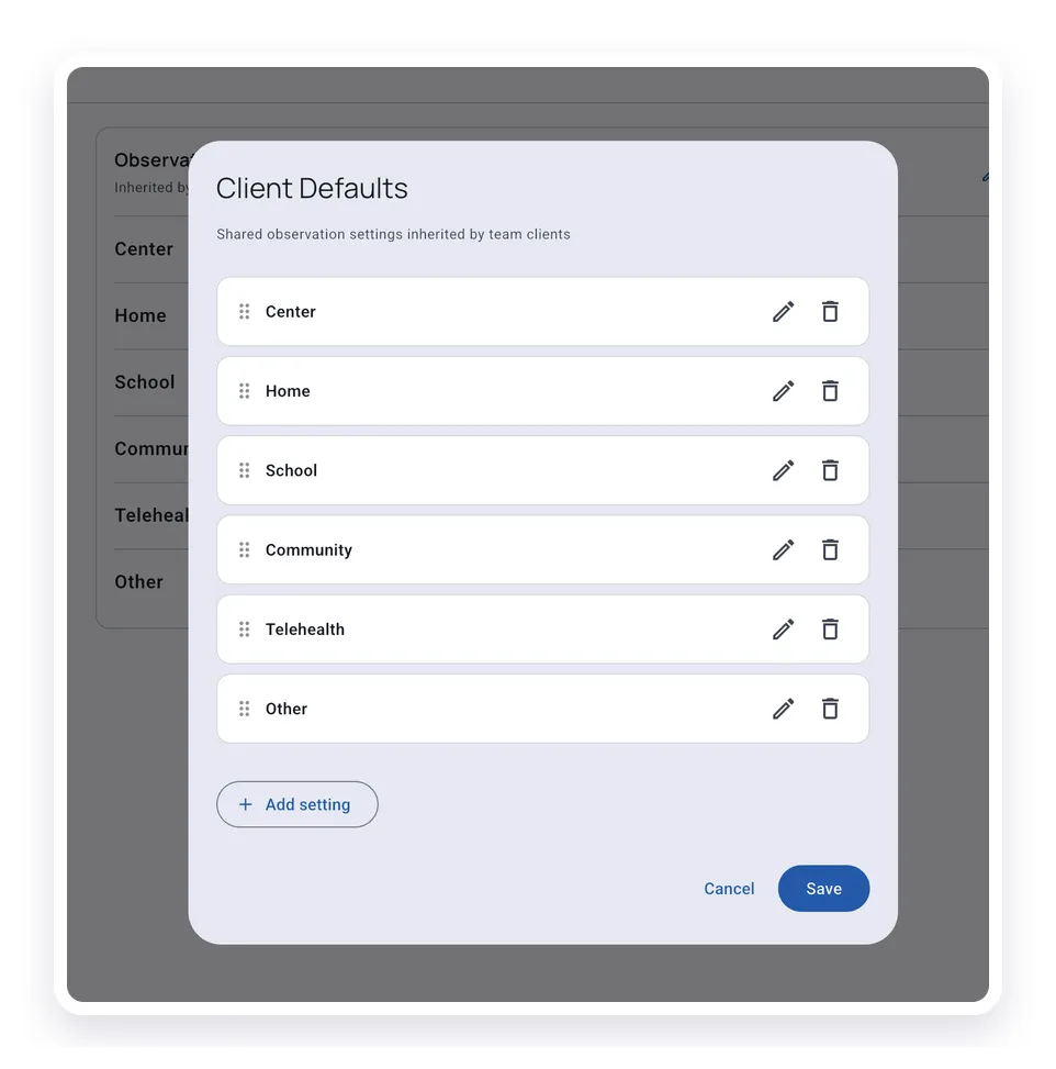 Team defaults editor showing shared observation settings