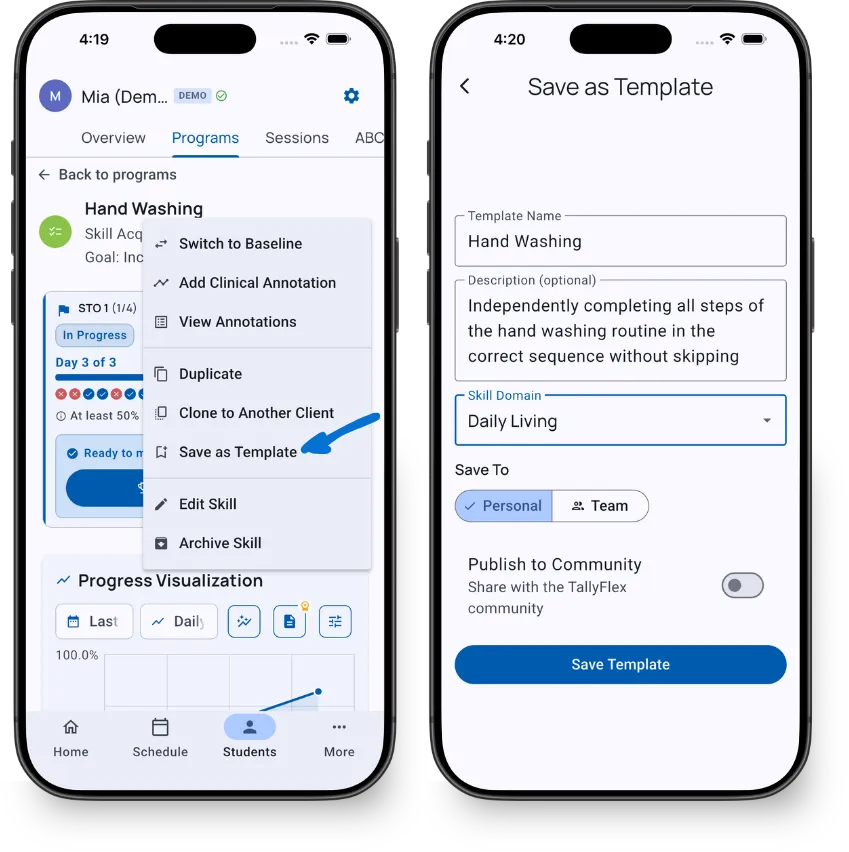 Three-dot menu with Save as Template option, and the Save Template form with name, description, domain, tier, and community toggle