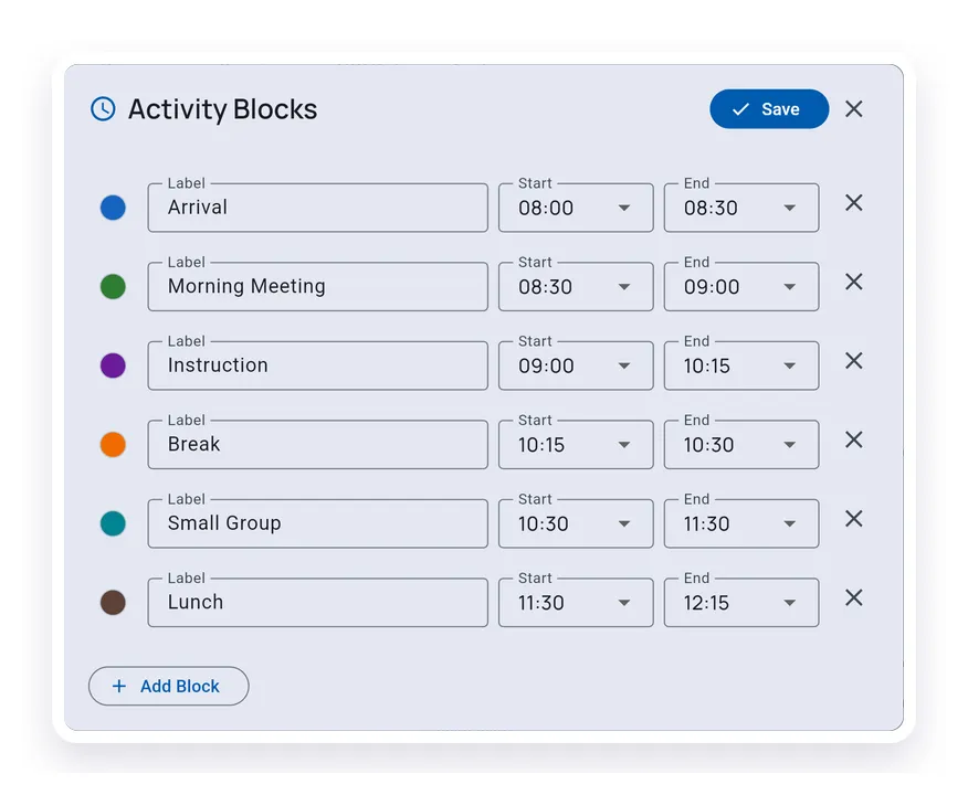 Activity Blocks editor showing labels, start times, end times, colors, and Save