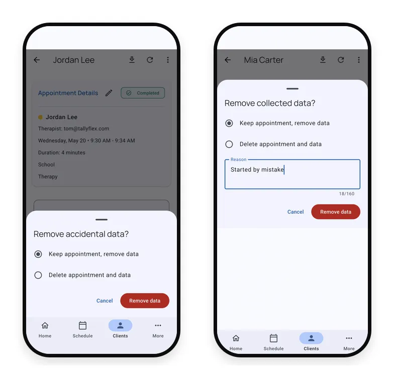 Delete service record choices for removing data or deleting appointment and data