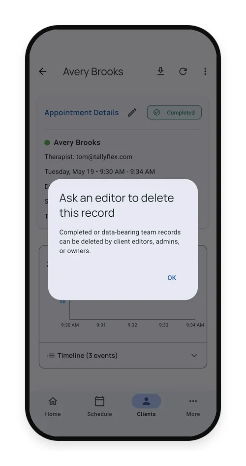 Permission message explaining that an editor, admin, or owner must delete a data-bearing team record