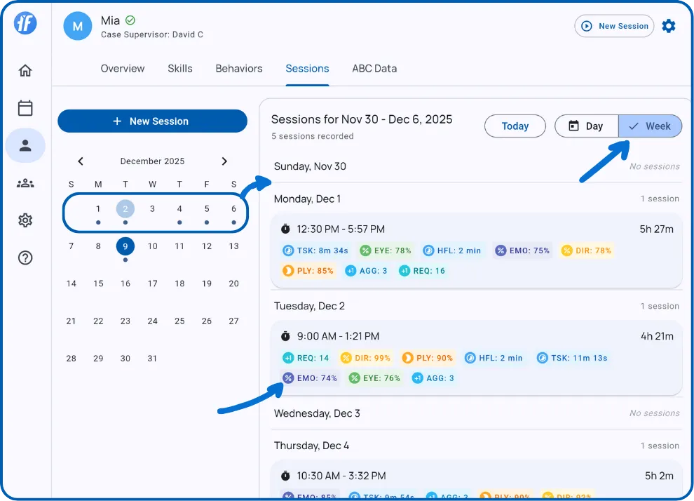 Sessions tab showing calendar and session list