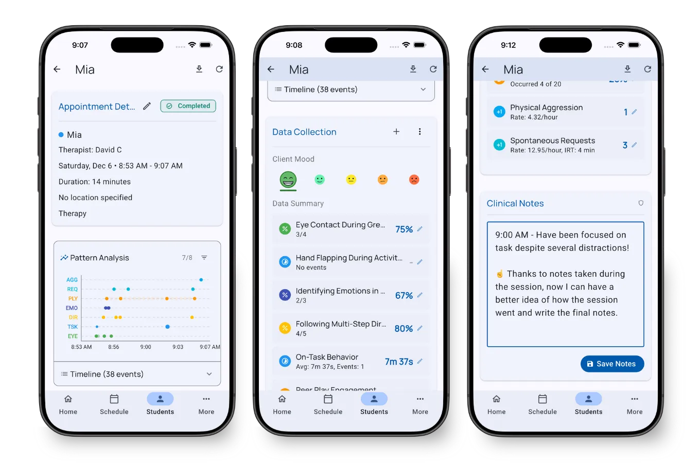Session summary showing data totals, timeline, mood rating, and clinical notes sections