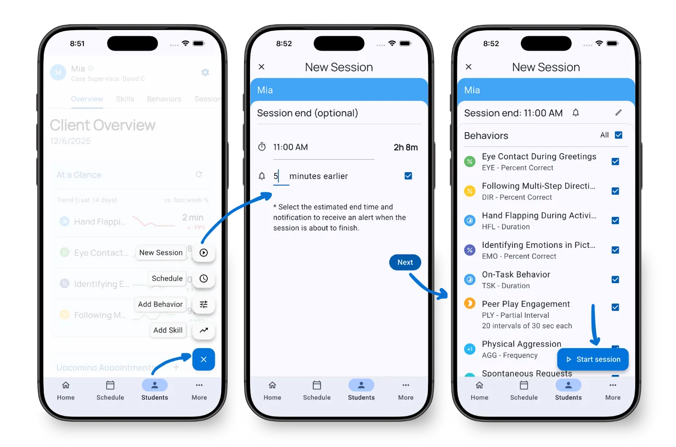 Session configuration screen showing end time, reminder, and behavior selection