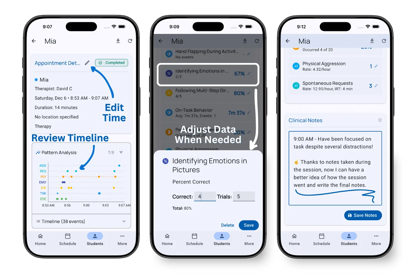 Session summary showing data totals, timeline, mood rating, and clinical notes