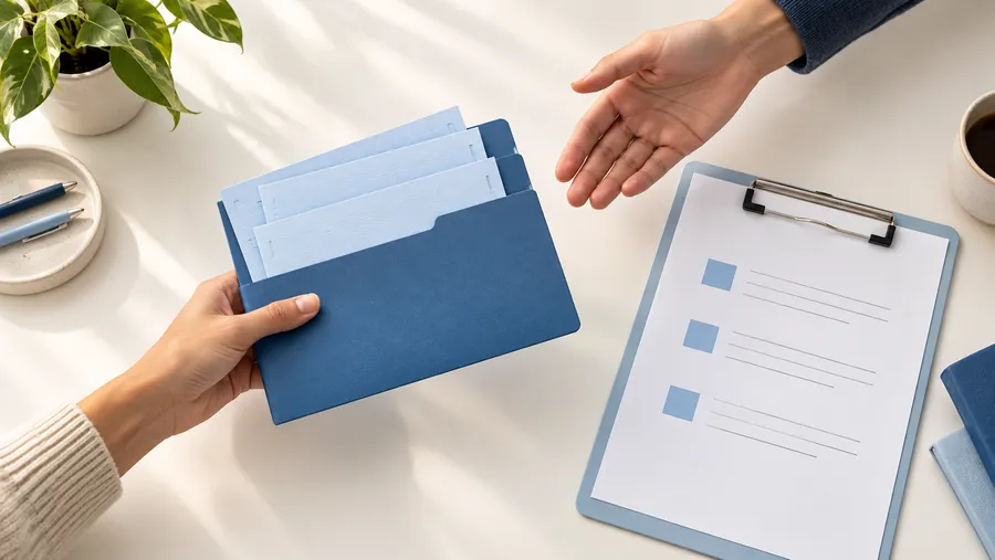 Two colleagues sharing a blue folder beside an organized summary document