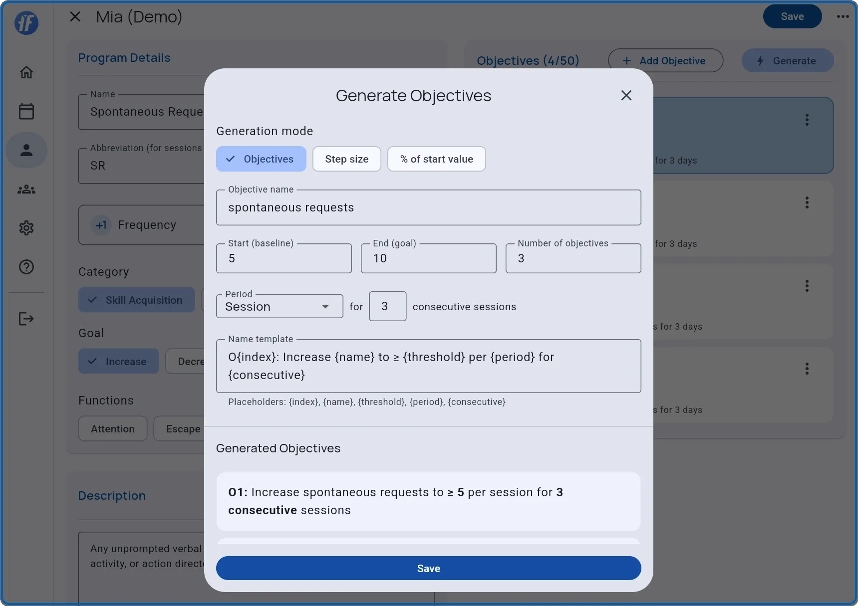 Generate Objectives dialog showing step size mode with baseline 5, goal 10, name template, and three generated objectives