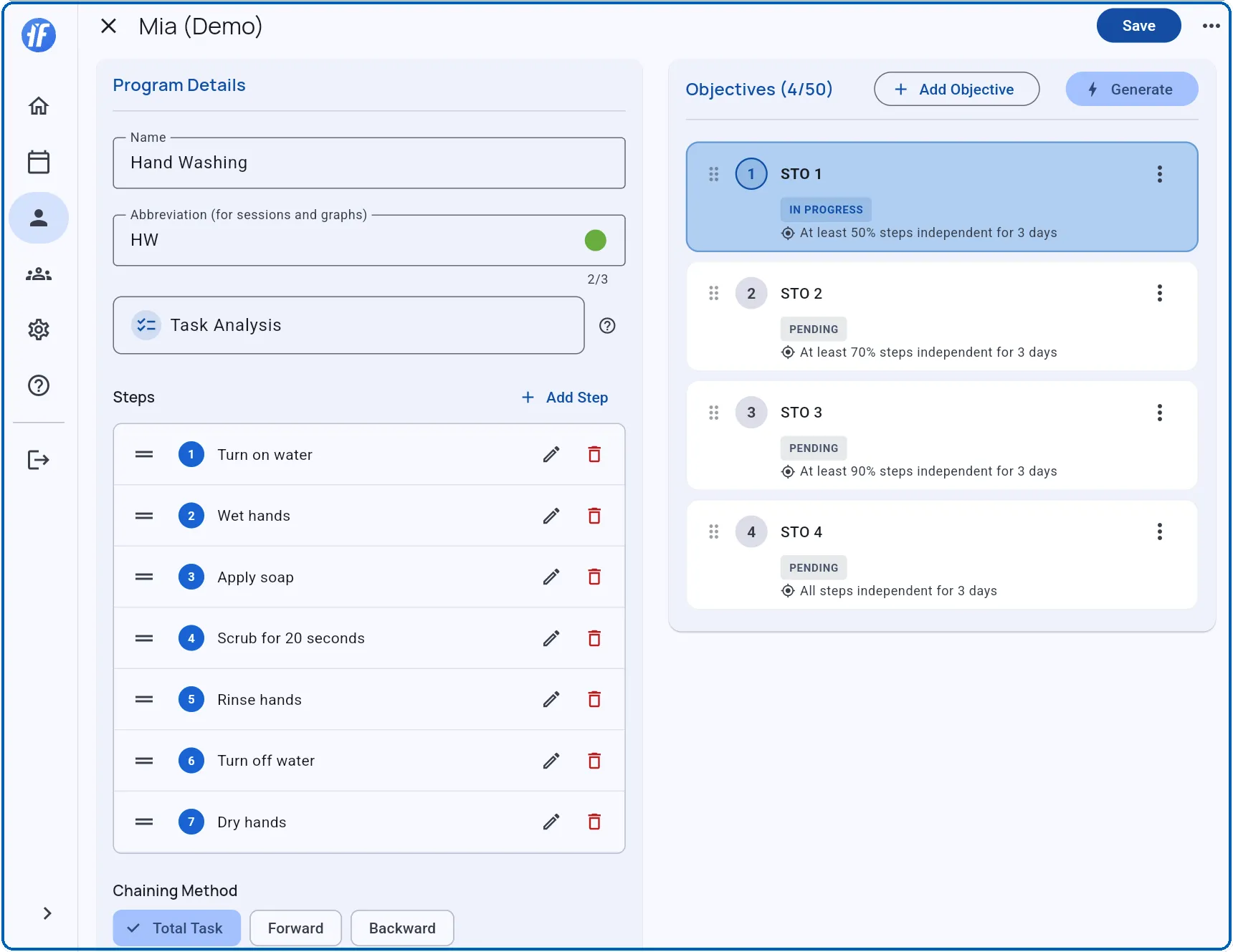 STO list showing four objectives with In Progress and Pending statuses