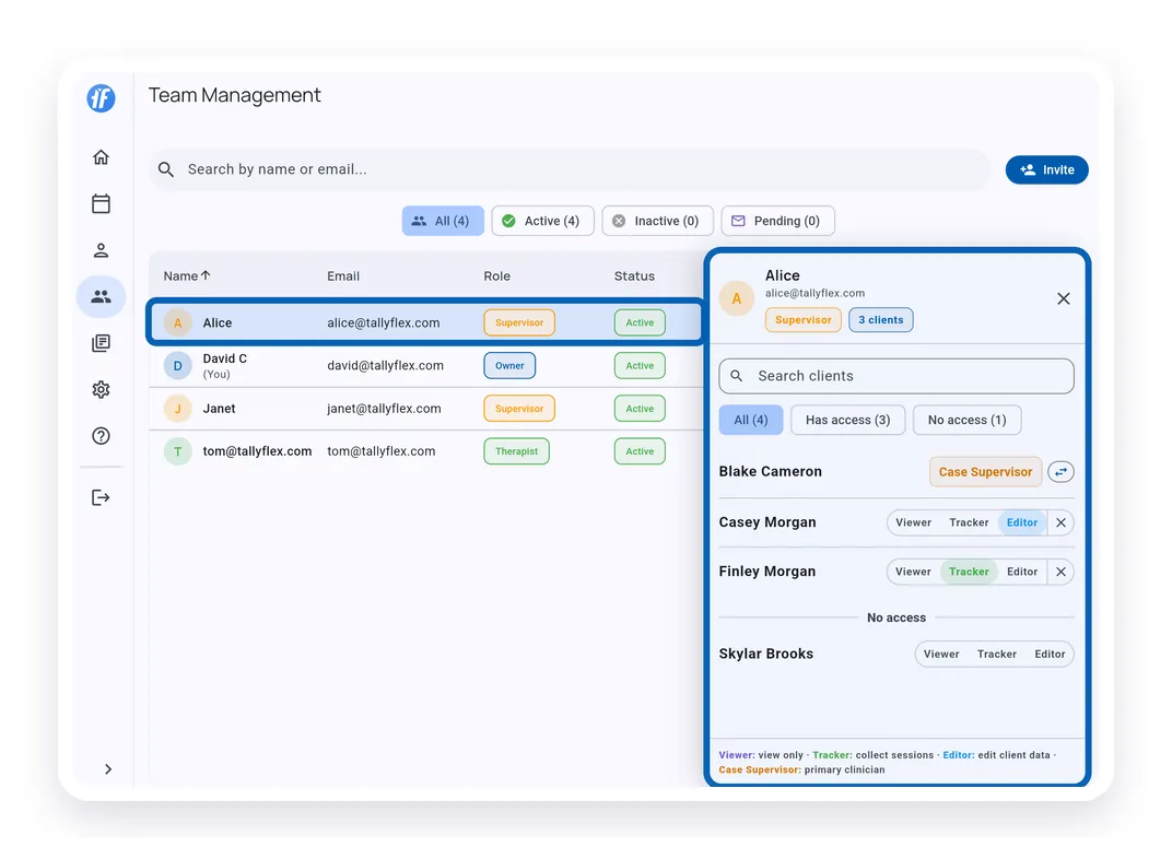 Team member client access panel with per-client permission controls