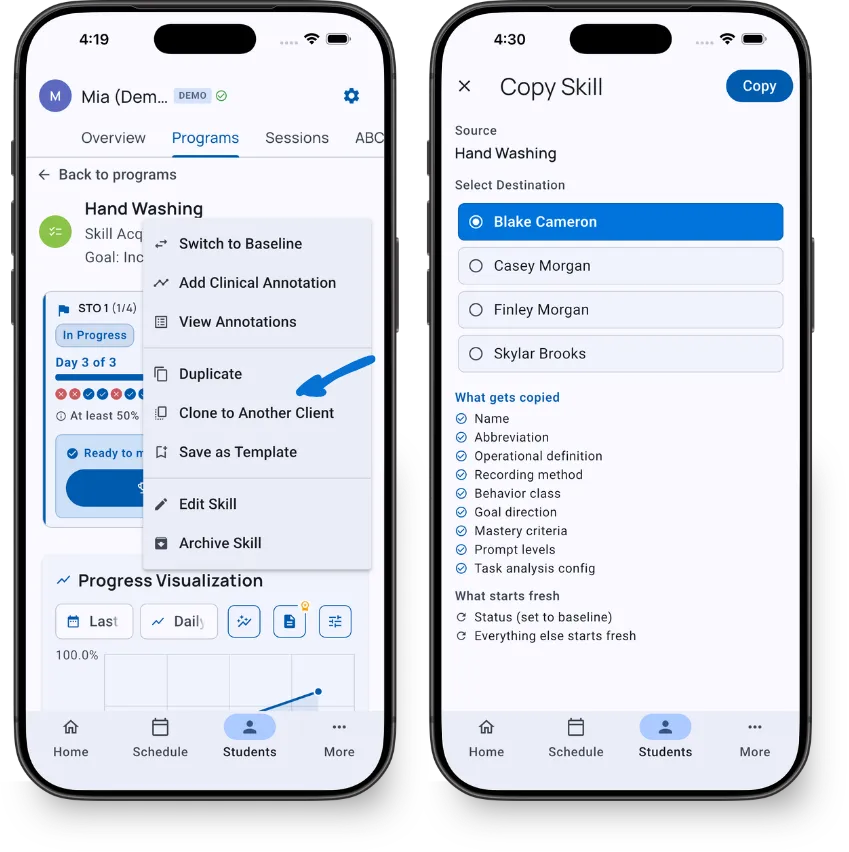 Three-dot menu showing Clone to Another Client option, and Copy Skill screen with client selection and copy summary