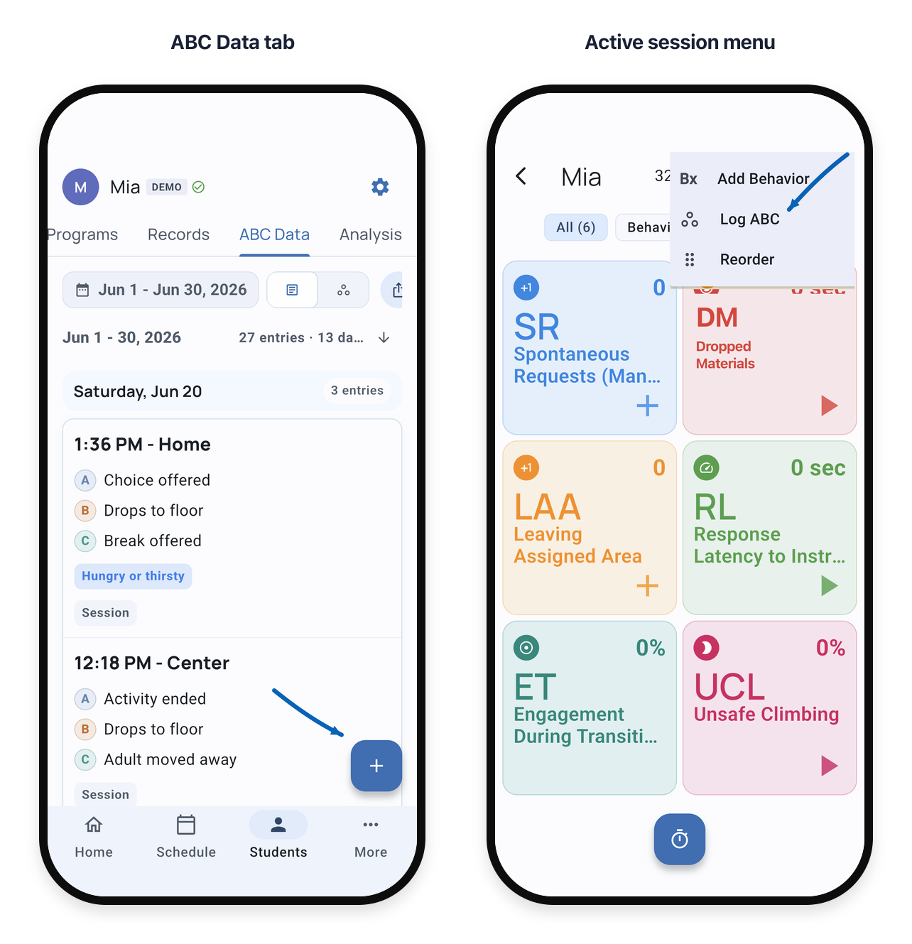 ABC Data tab with the add ABC button and active session menu with Log ABC