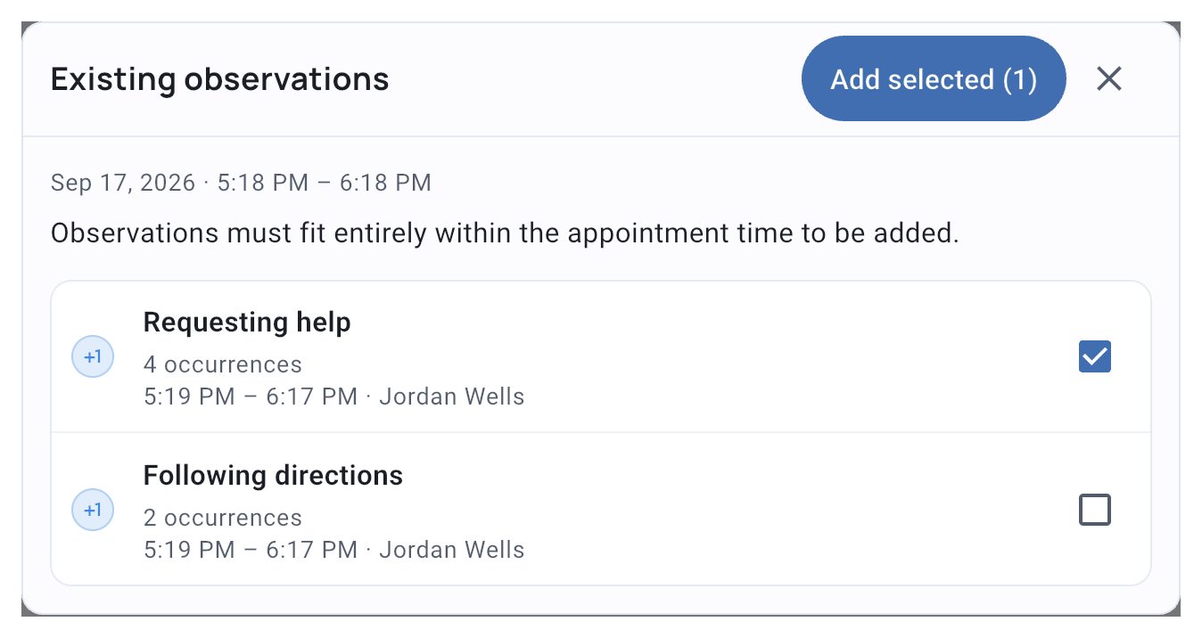 Existing observations picker with a selected observation and the appointment time range