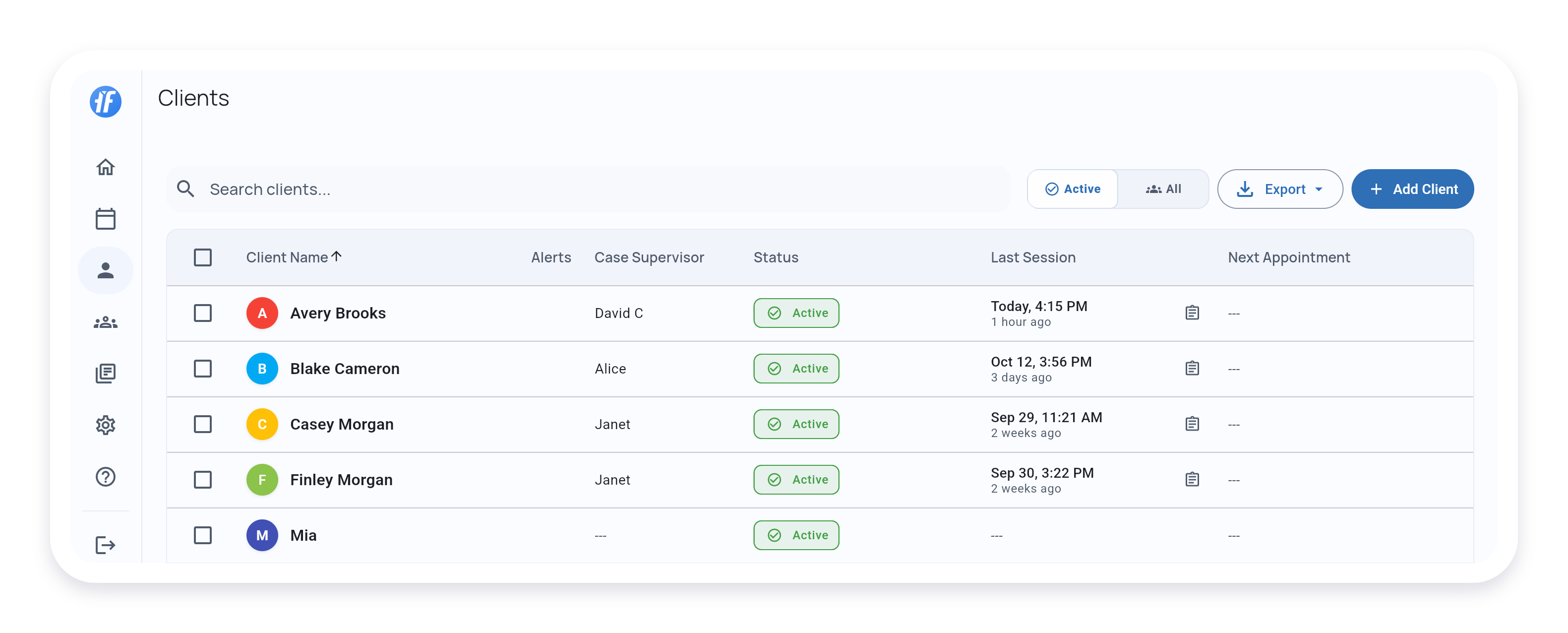Desktop Clients list with an empty search field, Active and All filters, and columns for name, supervisor, status, last session and next appointment