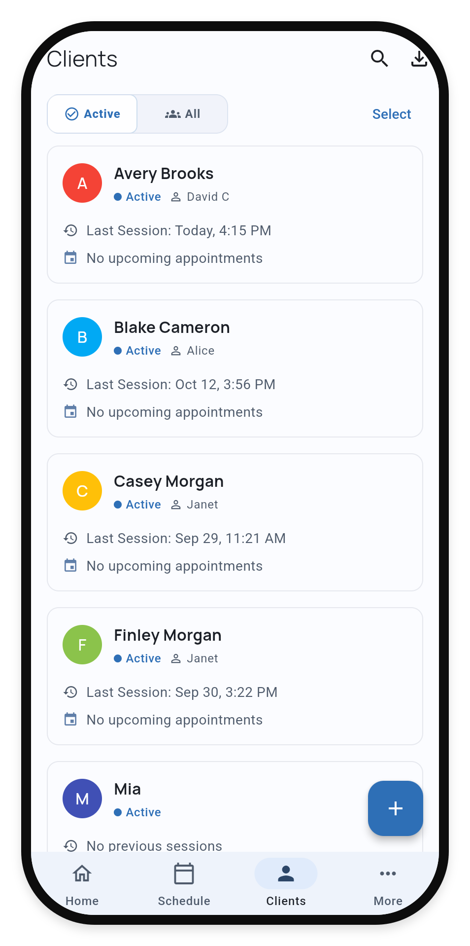 Phone Clients list showing profiles, Active and All filters and the search control