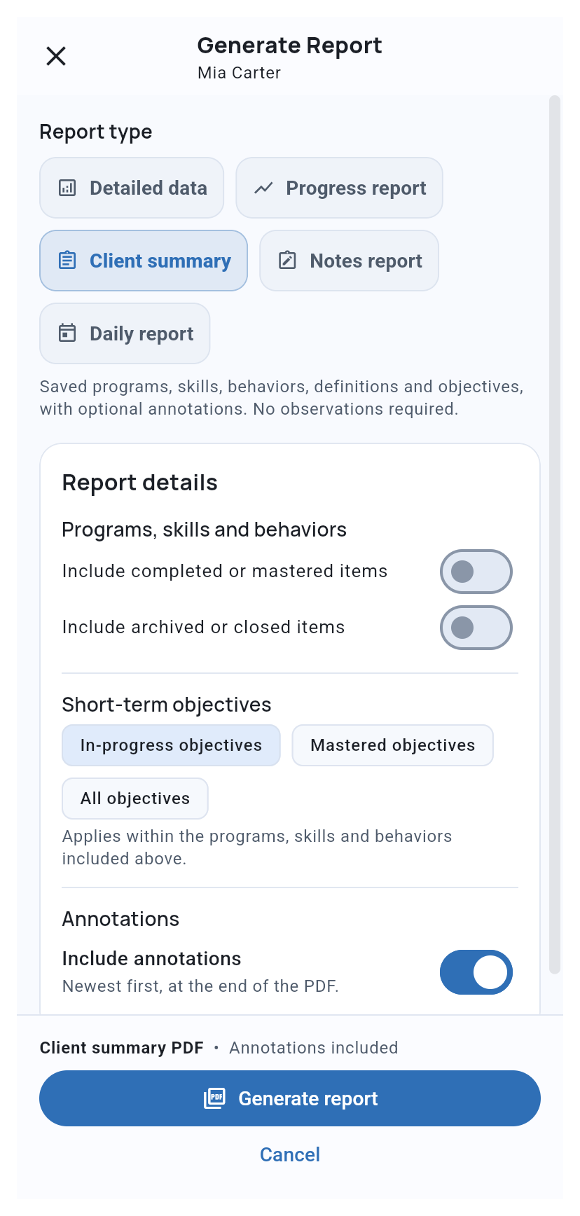 Client summary controls with completed and archived items off, In-progress objectives selected, and annotations on