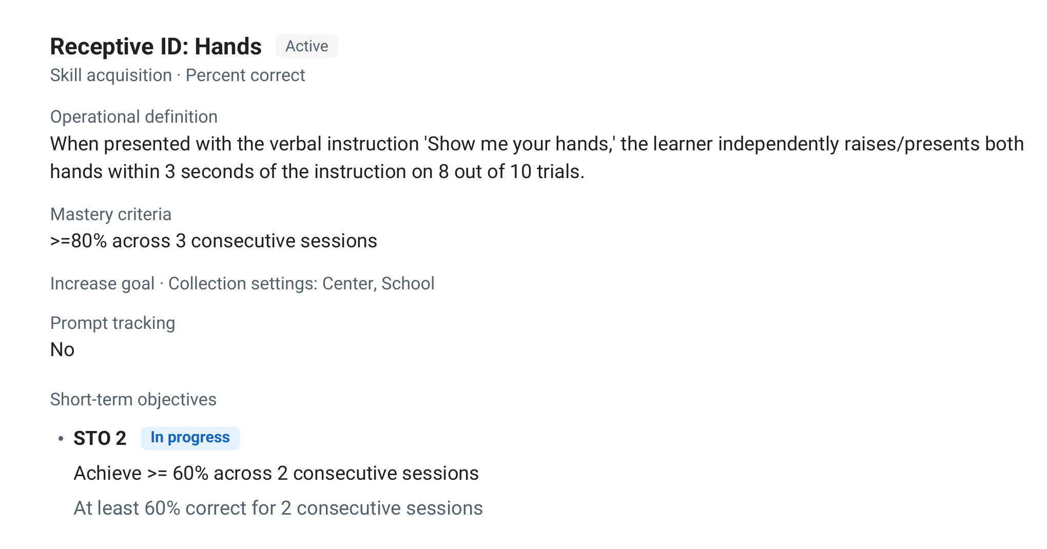 PDF excerpt showing Receptive ID: Hands, its definition, percent-correct recording method, mastery criterion, and in-progress STO