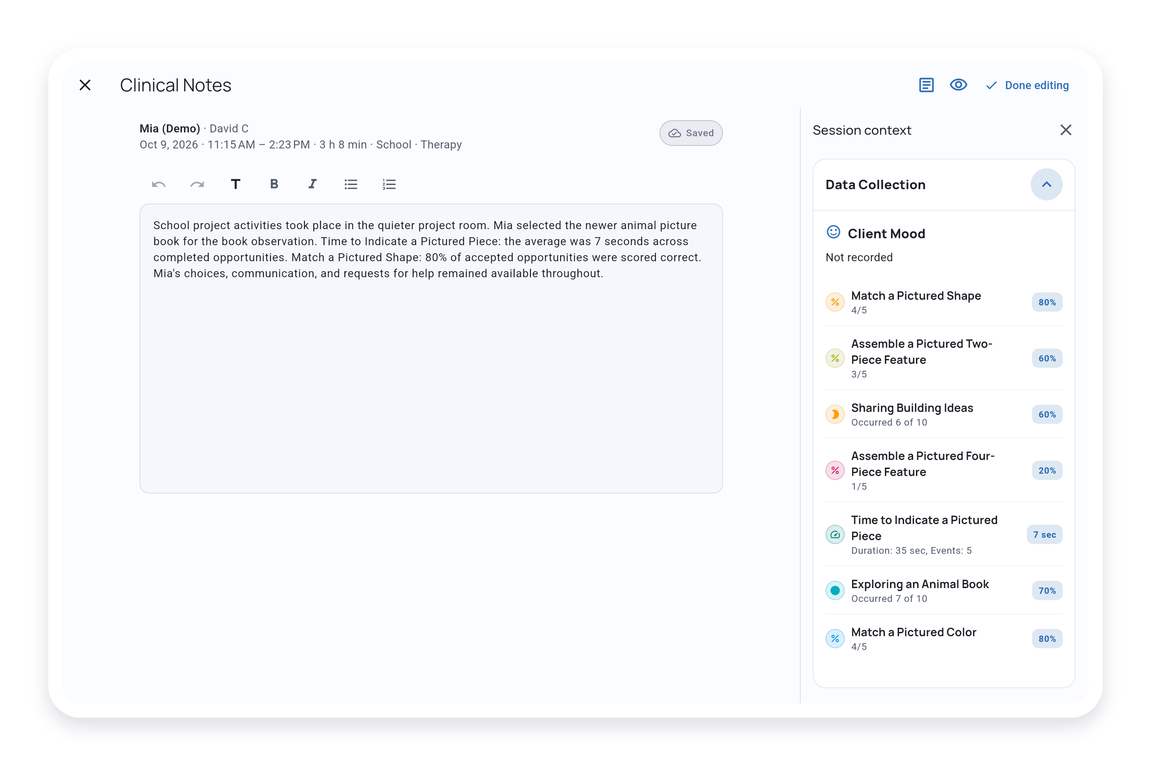 Expanded Clinical Notes editor with the populated session data alongside the note
