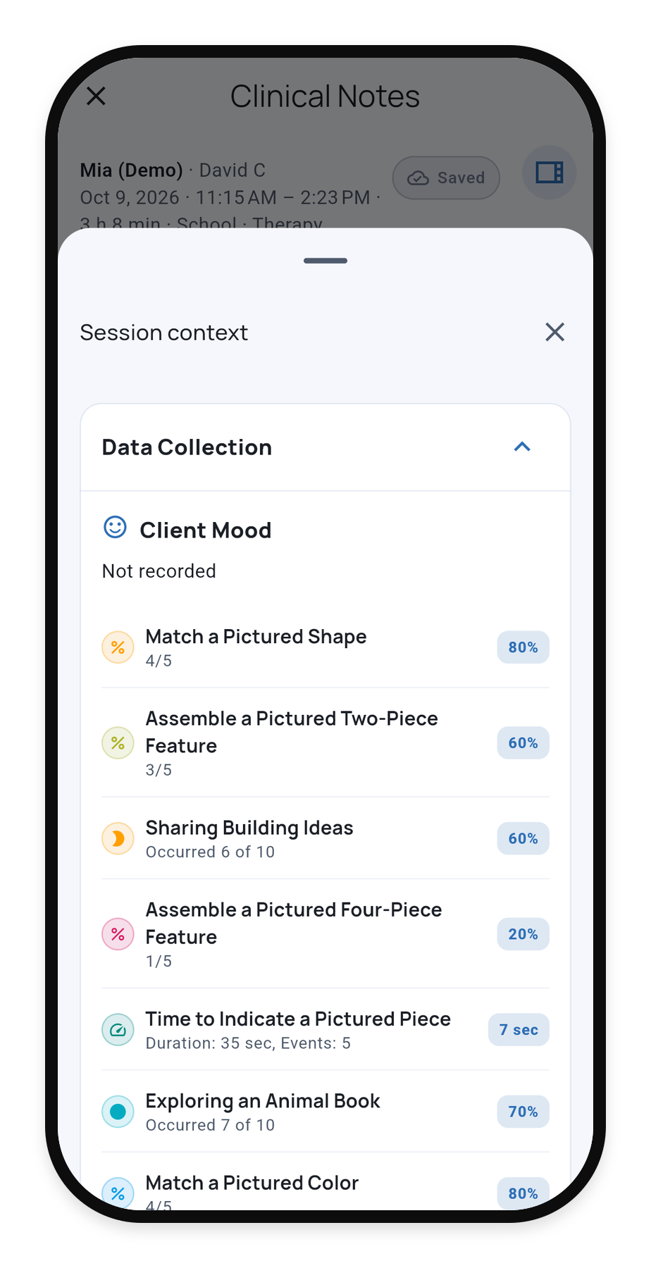Session context panel showing the visit’s collected data alongside Clinical Notes