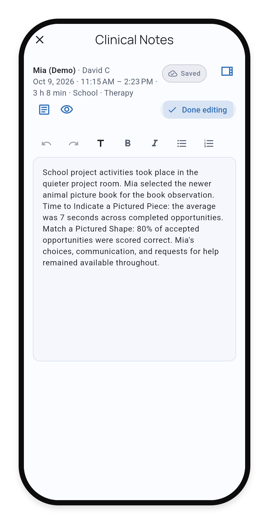 Expanded Clinical Notes editor with the visit narrative