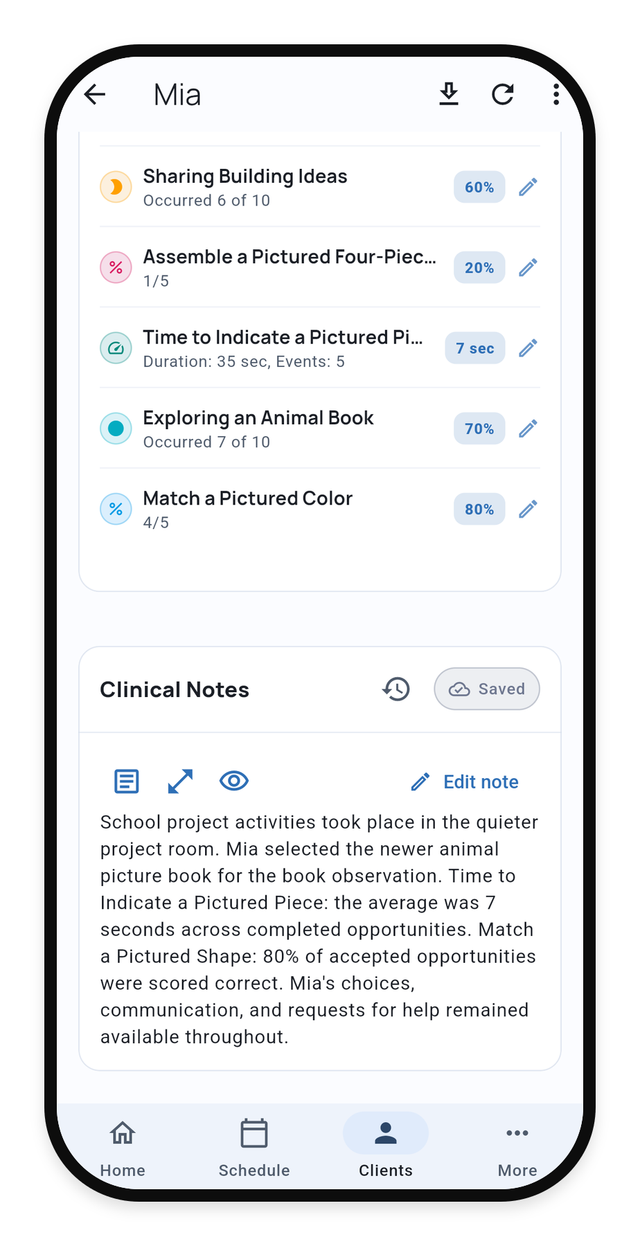 Clinical Notes in Mia’s completed Service Record, with Edit note available