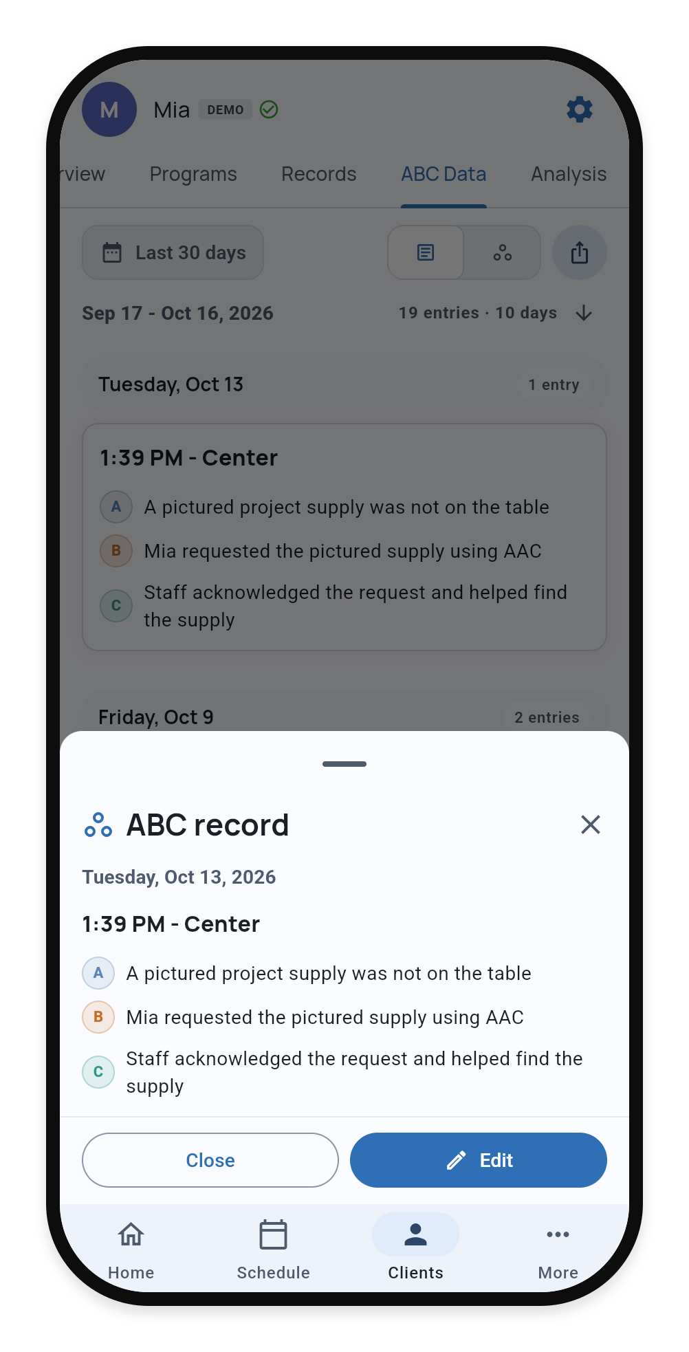 Existing October 13 ABC record opened from Mia’s dated Records list, with Close and Edit actions
