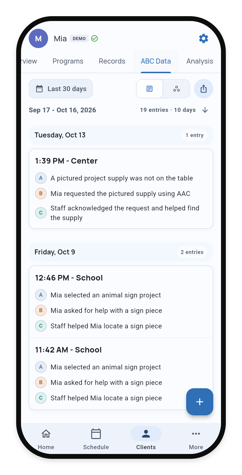 Mia’s ABC Data tab showing dated observations and the plus button