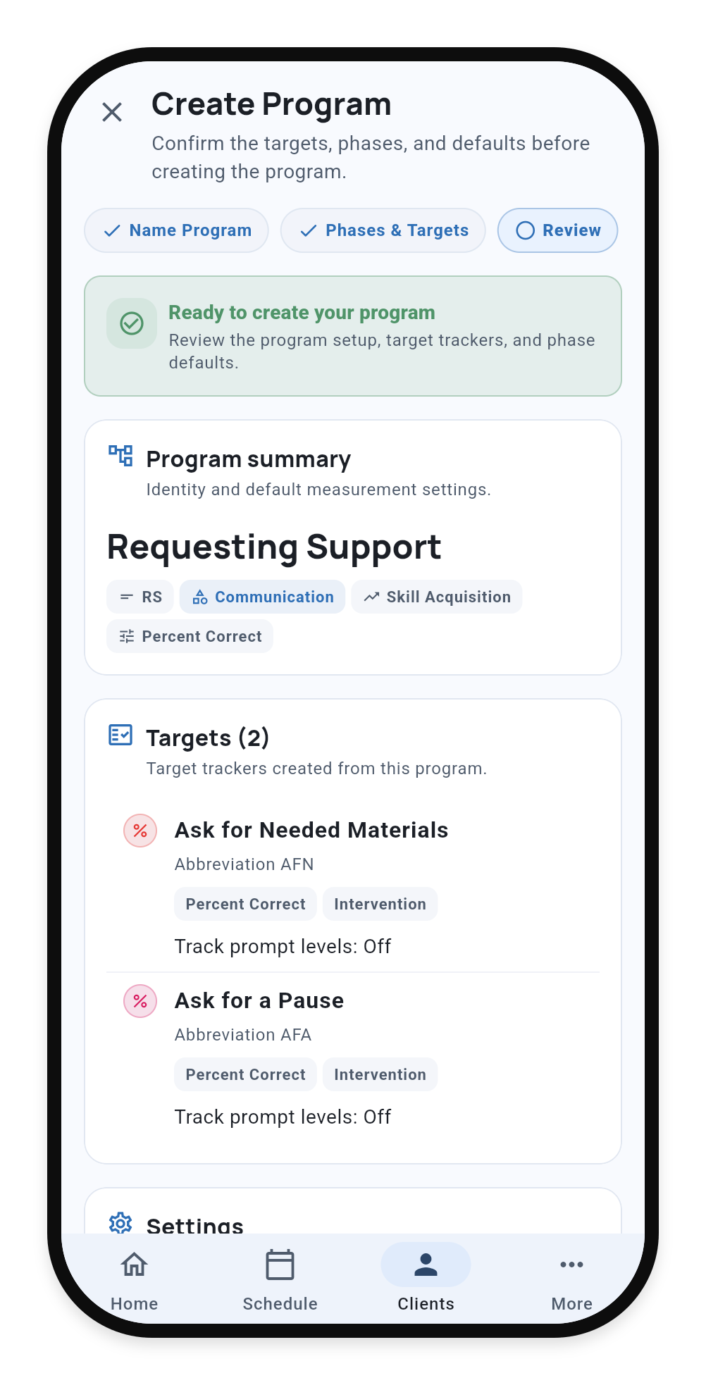 Review step showing Requesting Support and its two targets