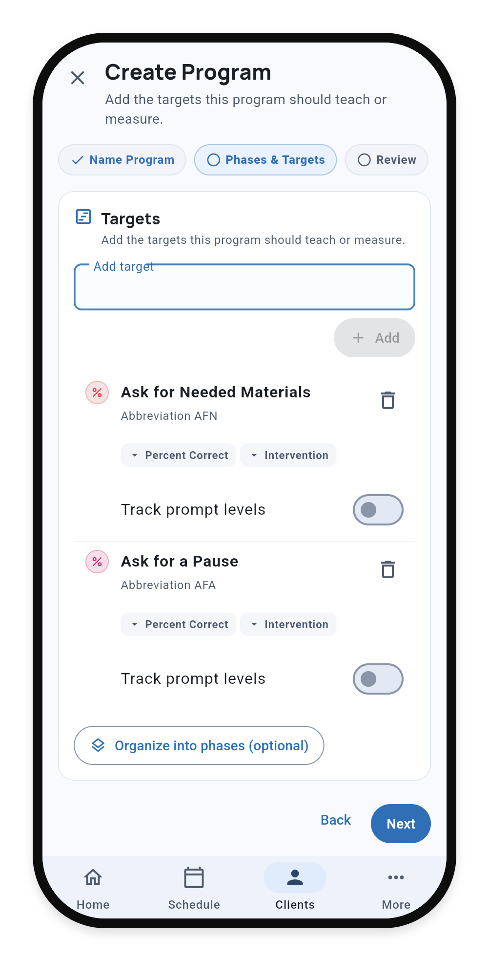 Phases and Targets step with Ask for Needed Materials and Ask for a Pause