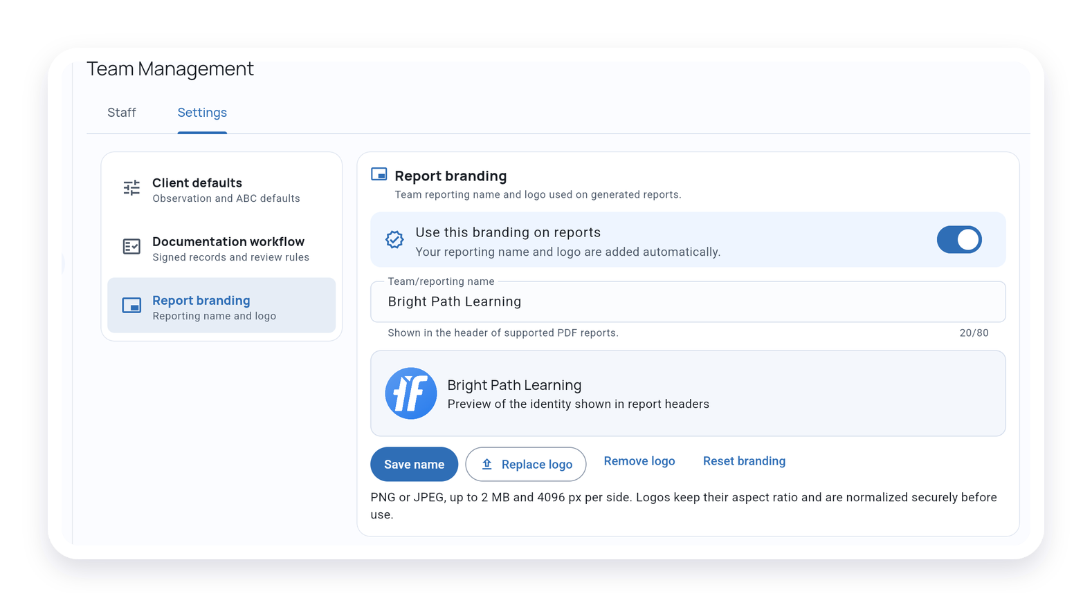 Team report branding settings with a reporting name and logo preview