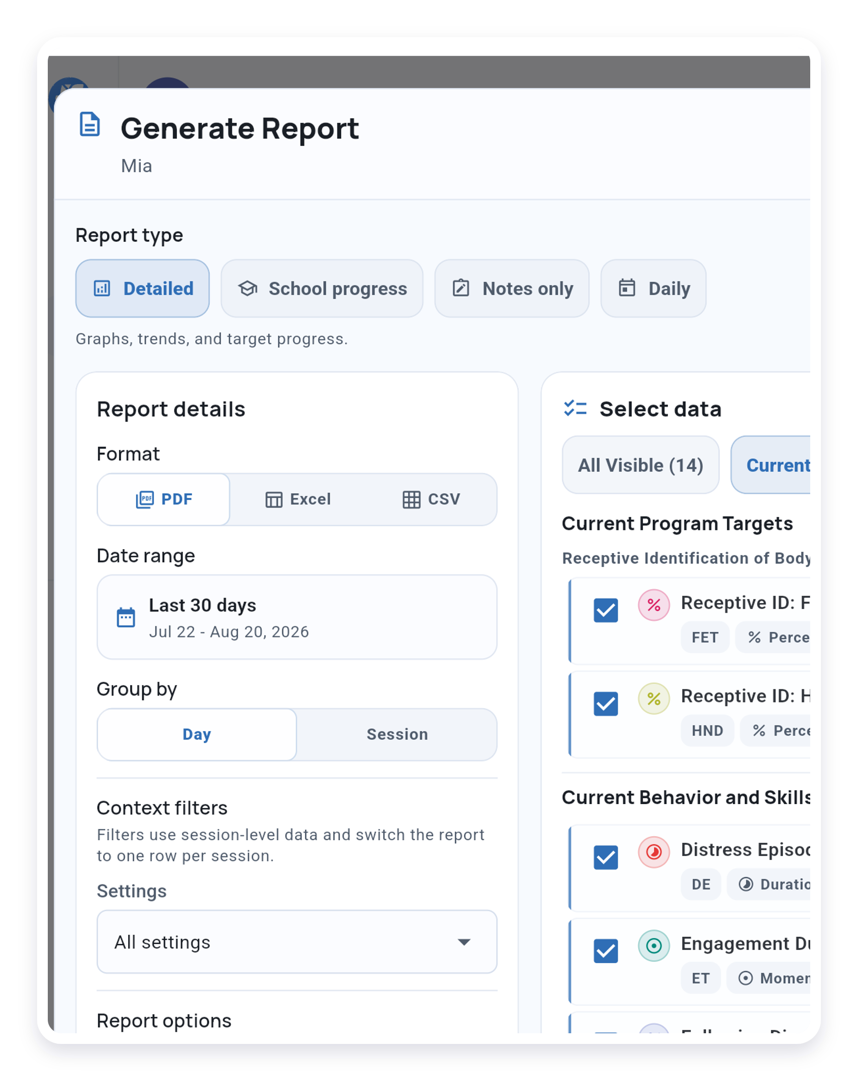 Generate Report chooser with reporting filters and selected trackers