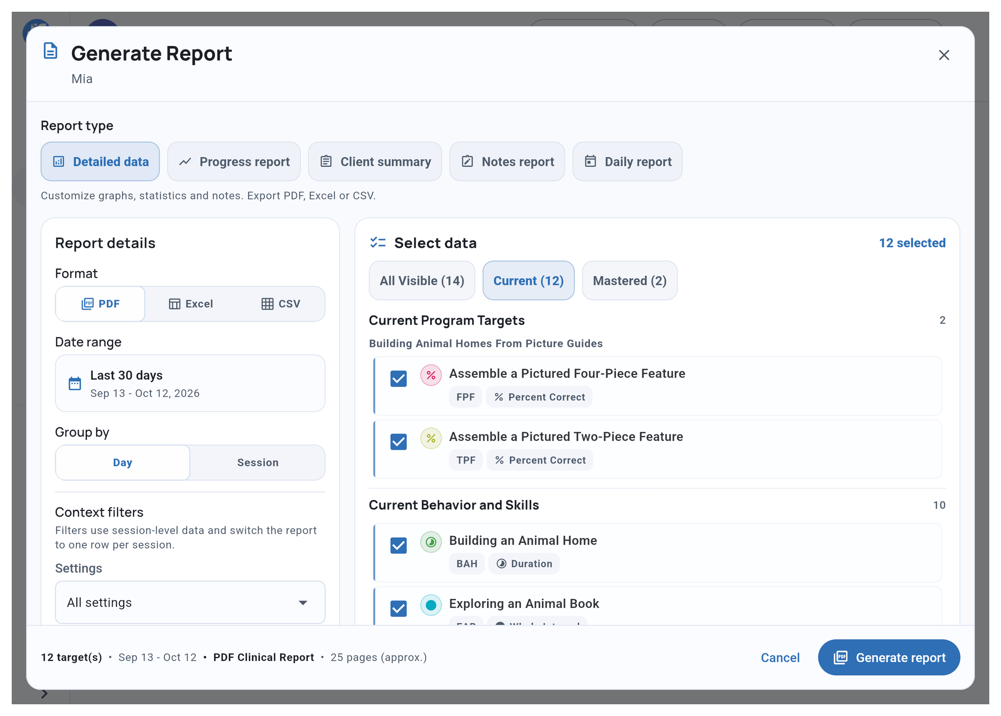Current Generate Report dialog with report types, dates, context filters, and selected program targets