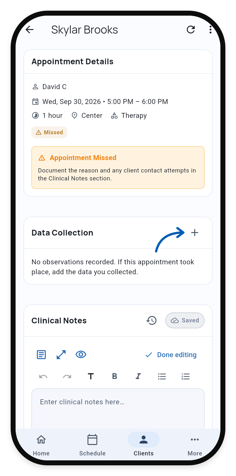 Past therapy appointment with the Data Collection entry for observations recorded after the visit