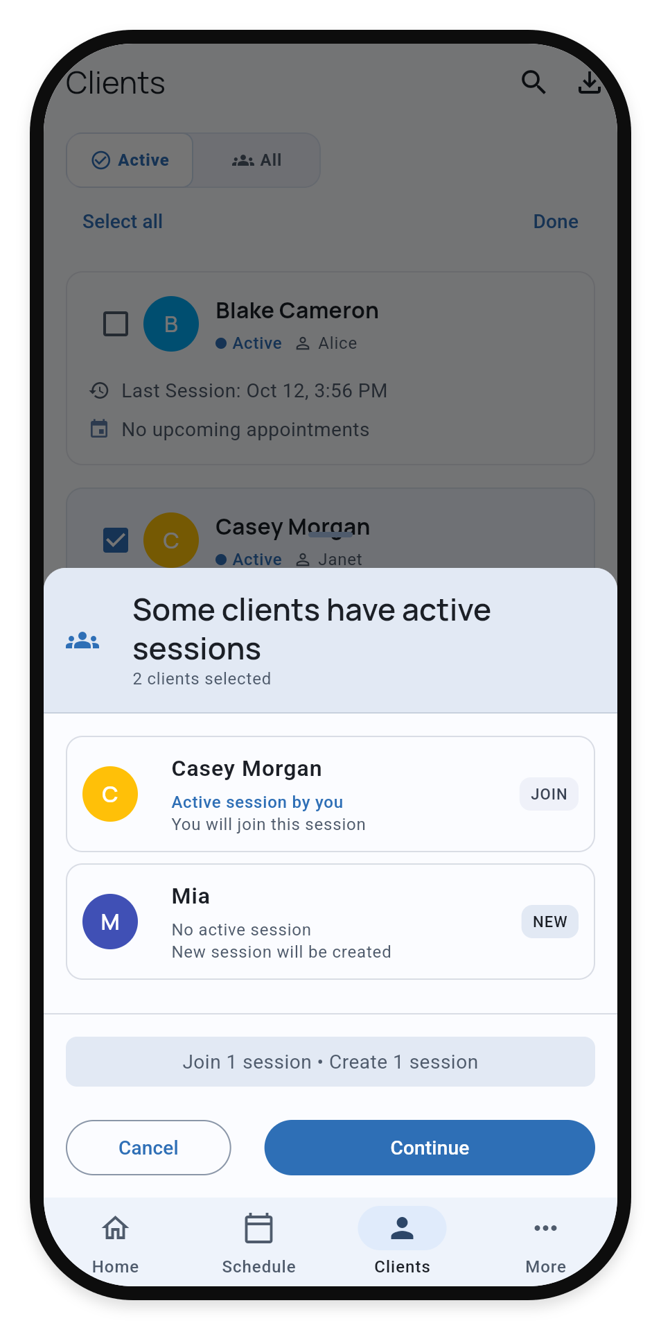 Session confirmation showing Casey’s existing session will be joined and a new session will start for Mia