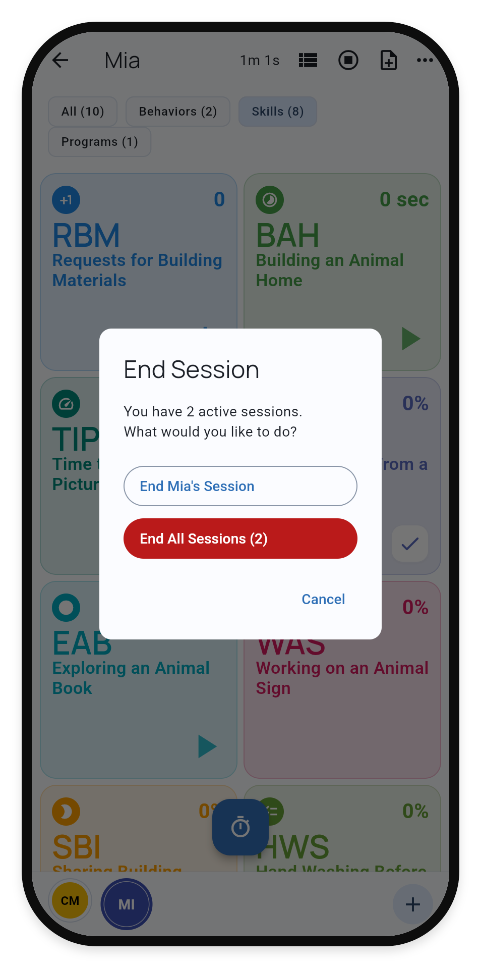 End Session dialog offering to end only Mia’s session or both active sessions